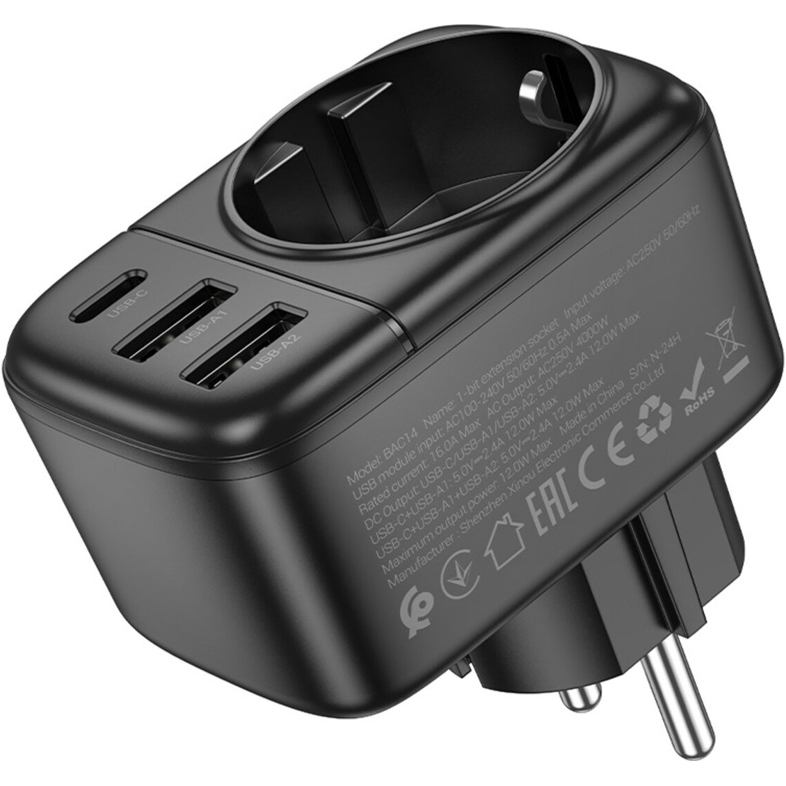 Мережевий фільтр-розетка BOROFONE BAC14 Wide Black, 1xUSB-C, 2xUSB