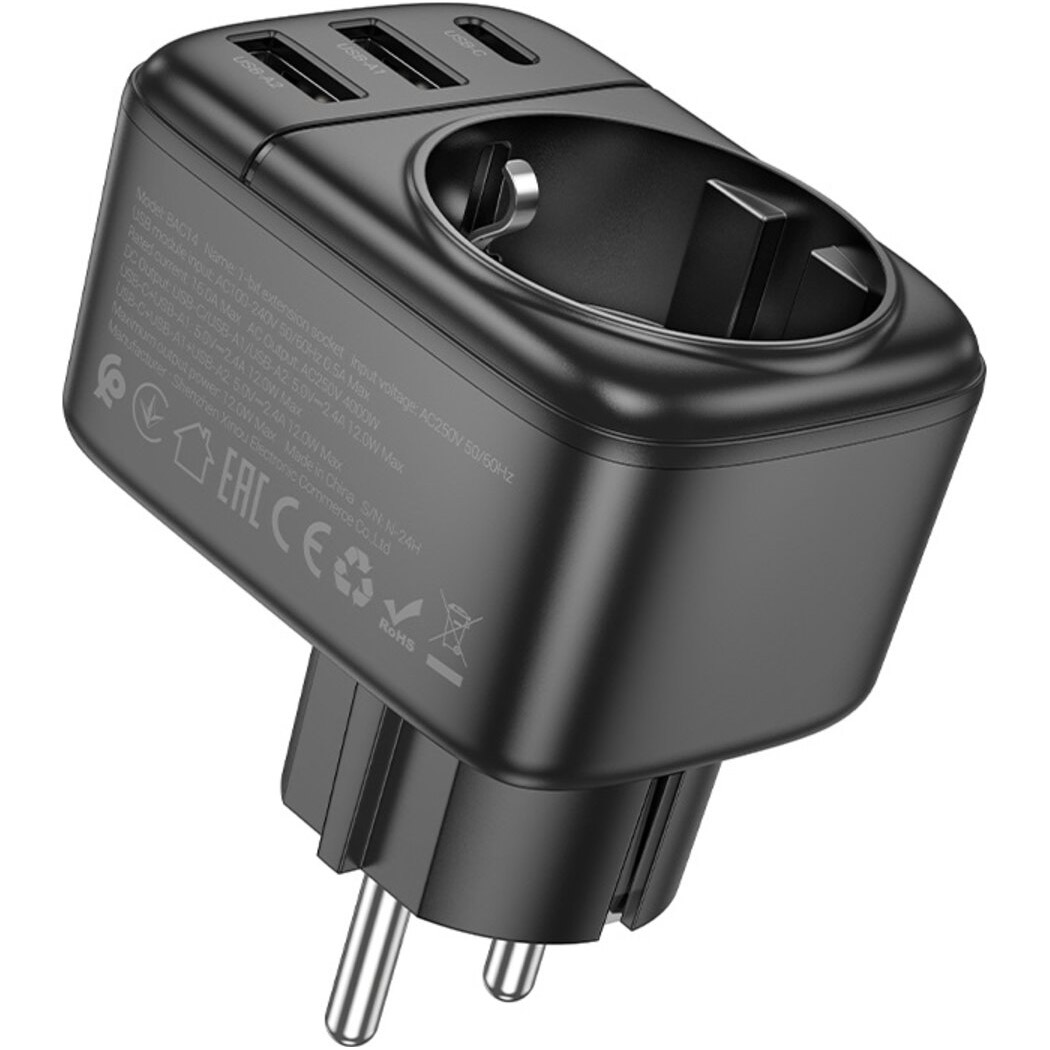 Мережевий фільтр-розетка BOROFONE BAC14 Wide Black, 1xUSB-C, 2xUSB