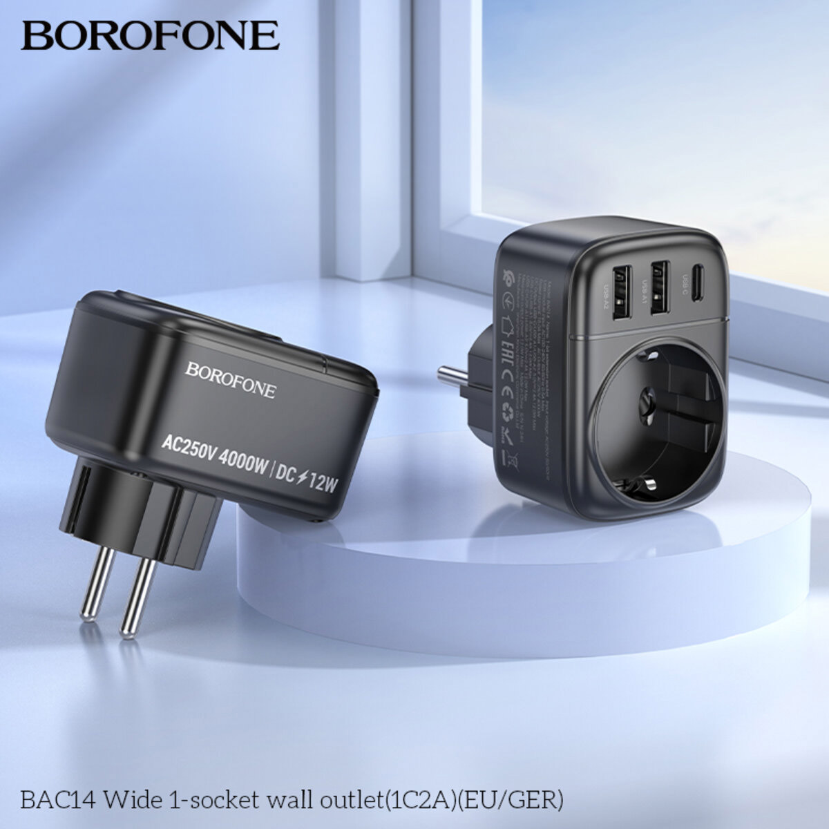 Мережевий фільтр-розетка BOROFONE BAC14 Wide Black, 1xUSB-C, 2xUSB