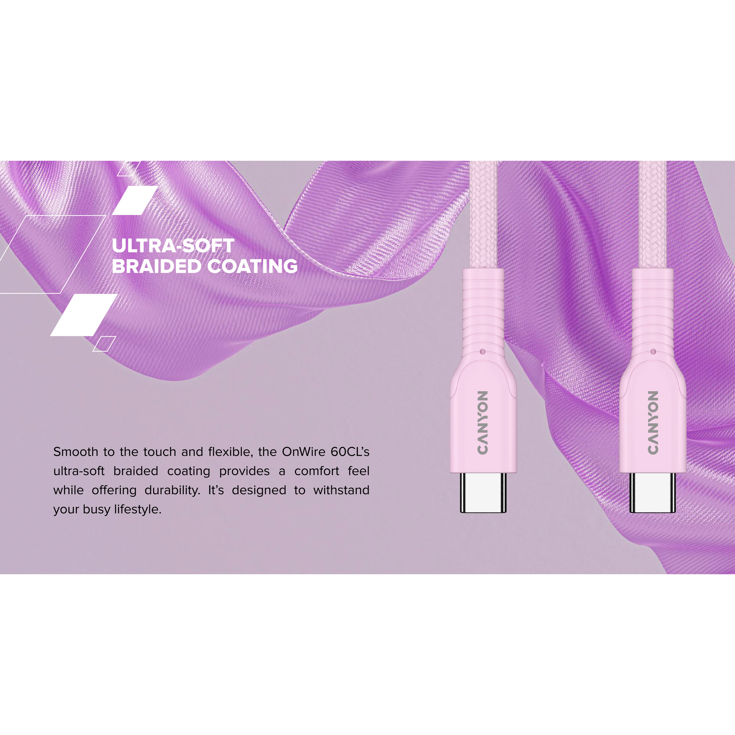 Кабель CANYON OnWire 60CL Type-C to Type-C Color Braided 60W 1м Pink (CND-CCAP60AB10PK)