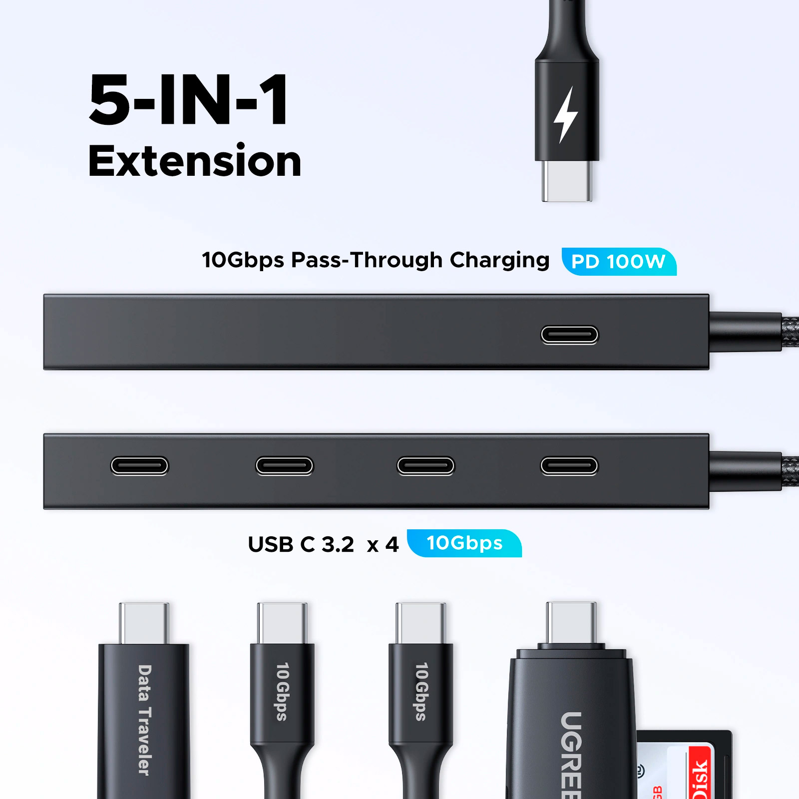 USB-хаб UGREEN CM806 5-in-1 Type-C to 4xType-C 3.2 Gen2 10G with PD Power Port Black (55334)