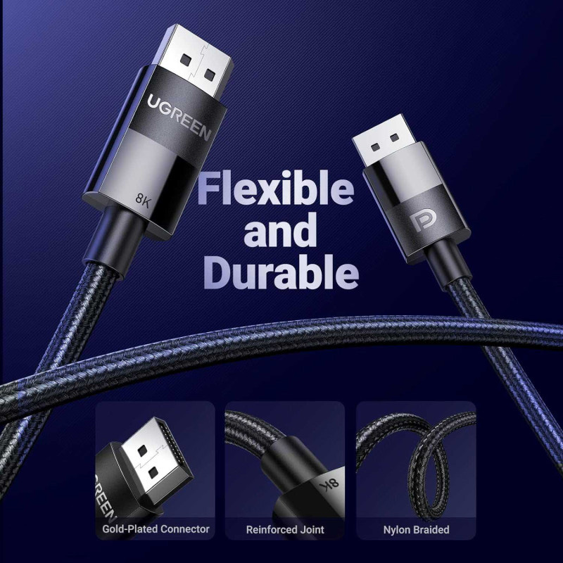Кабель UGREEN DP114 DP 1.4 Male to Male Plastic Case Braided Cable DisplayPort 5м Black (80394)