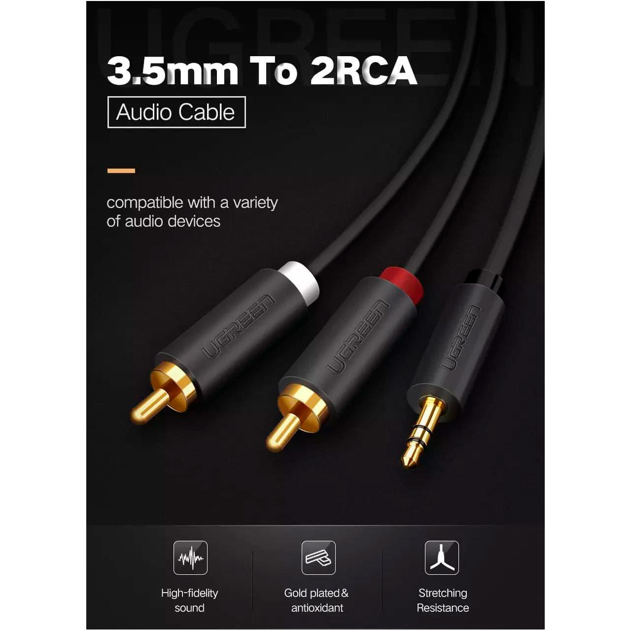 Кабель UGREEN AV102 mini-jack 3.5 mm (M) - 2RCA (M) 2м Gray (10510)