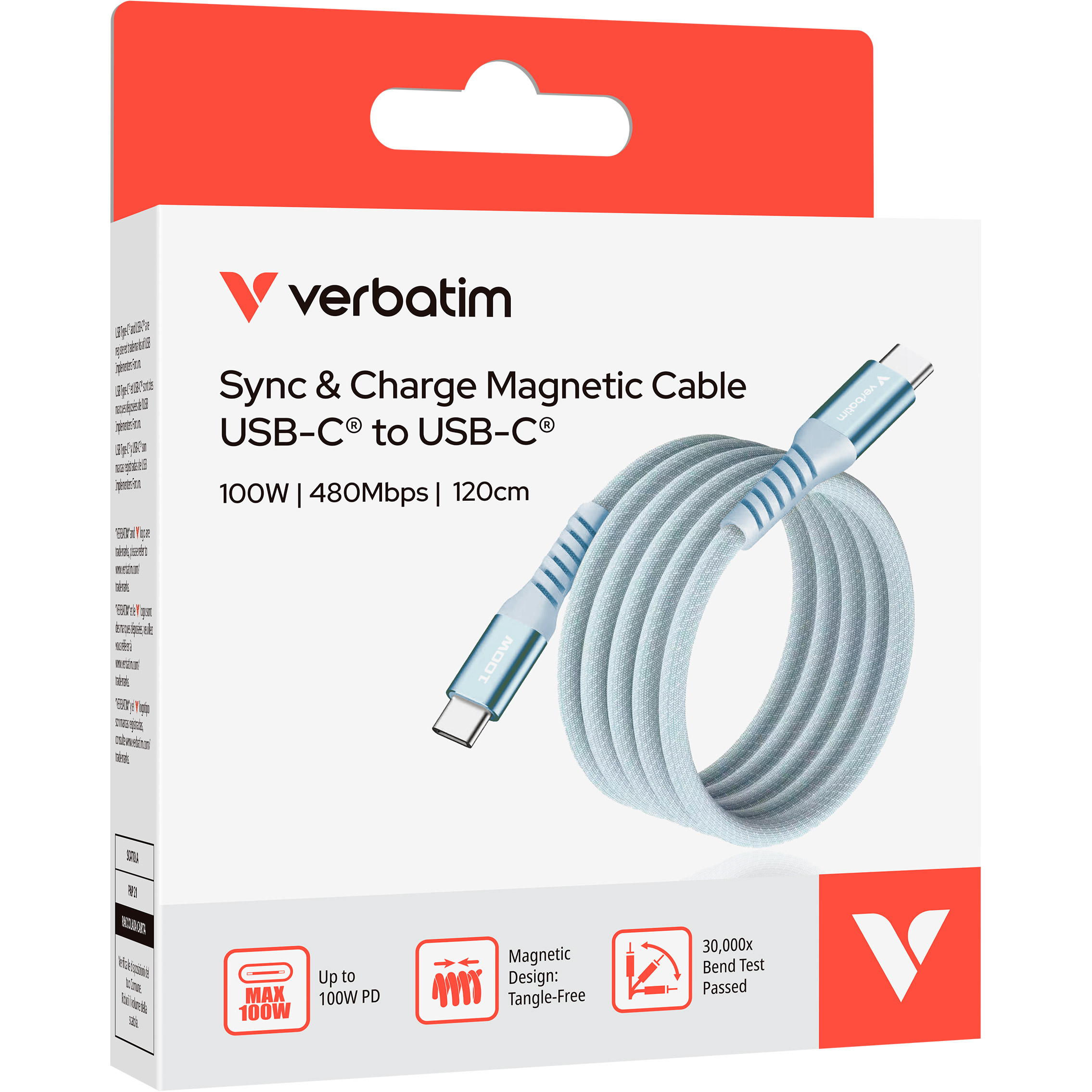 Кабель VERBATIM Sync & Charge Magnetic Cable Type-C to Type-C 100W 1.2м Blue (31856)