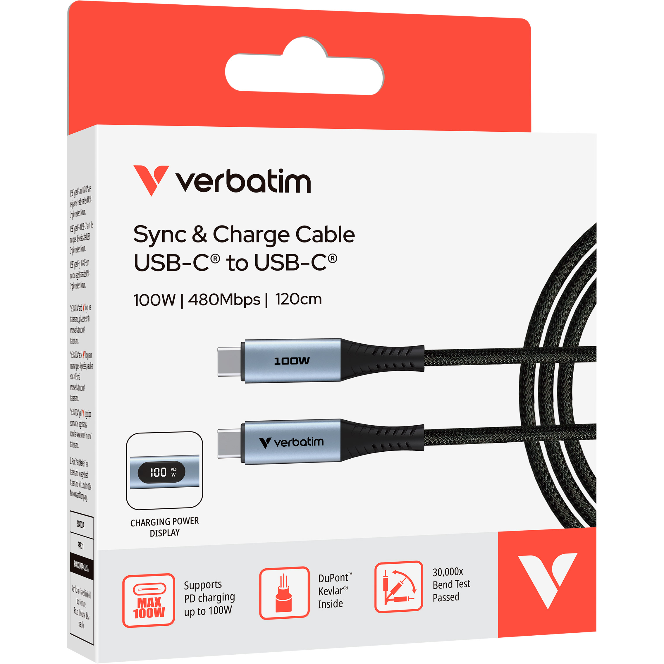 Кабель VERBATIM Sync & Charge Power Display Cable Type-C to Type-C PD 100W 1.2м Black (31848)