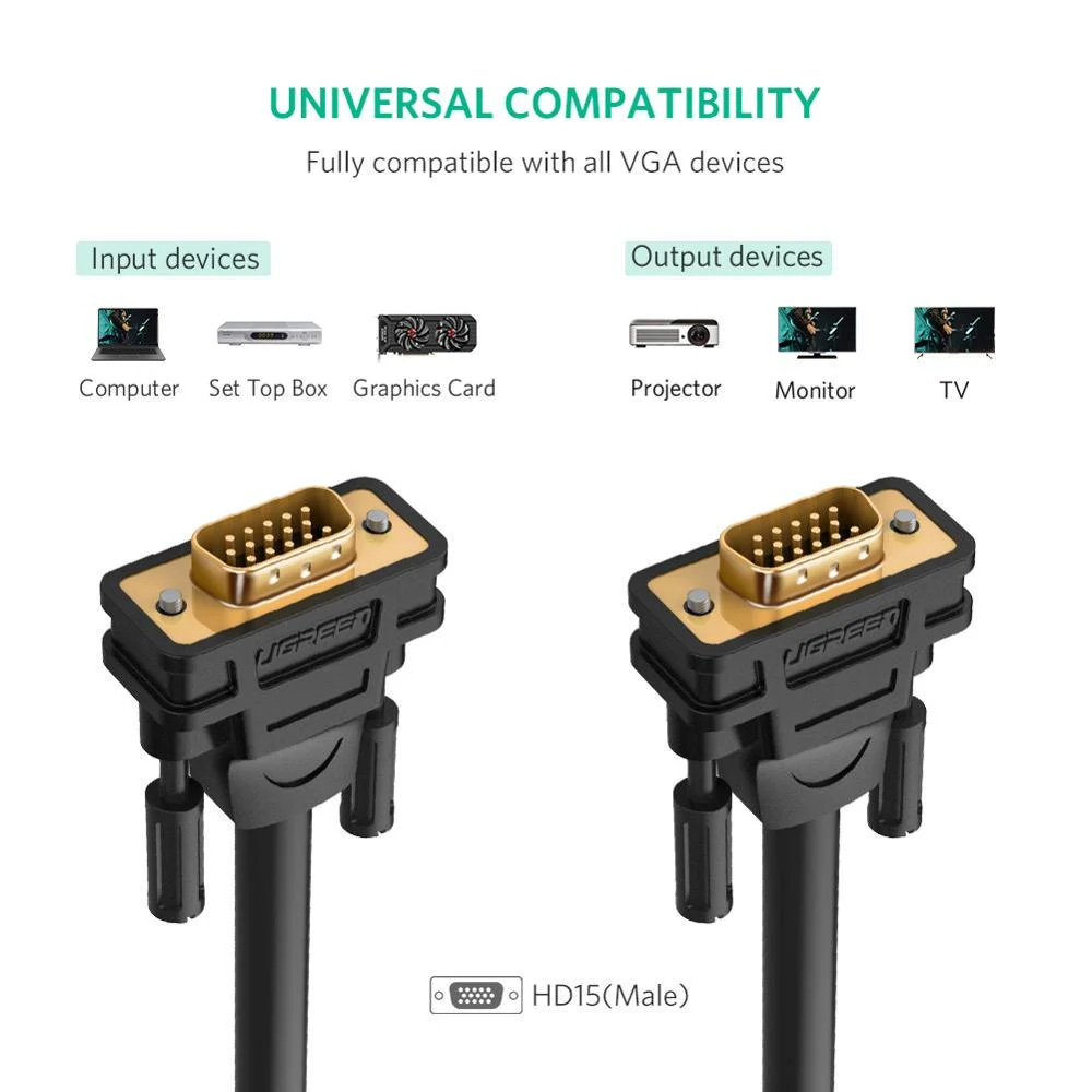 Кабель UGREEN VG101 1080P Male to Male Cable VGA 3м Black (11631)