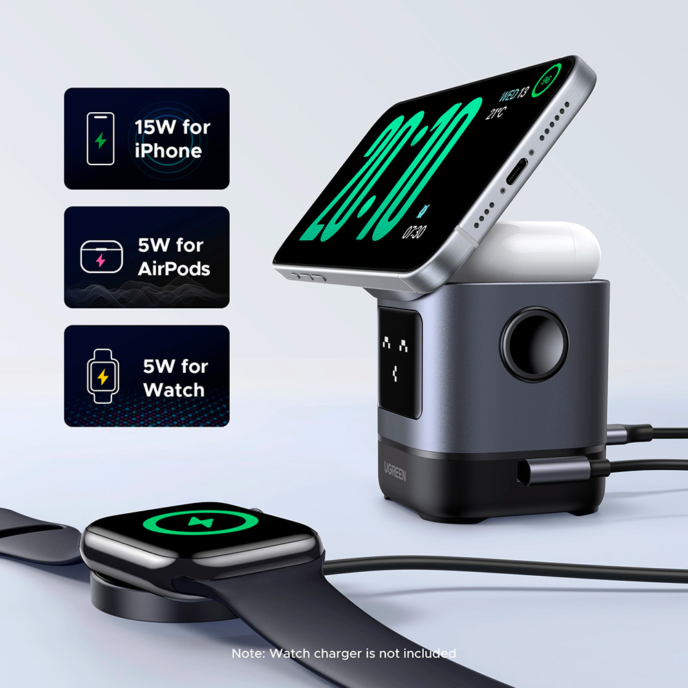 Бездротовий зарядний пристрій UGREEN W709 Uno 2-in-1 Magnetic Wireless Charger 15W Gray (45775)