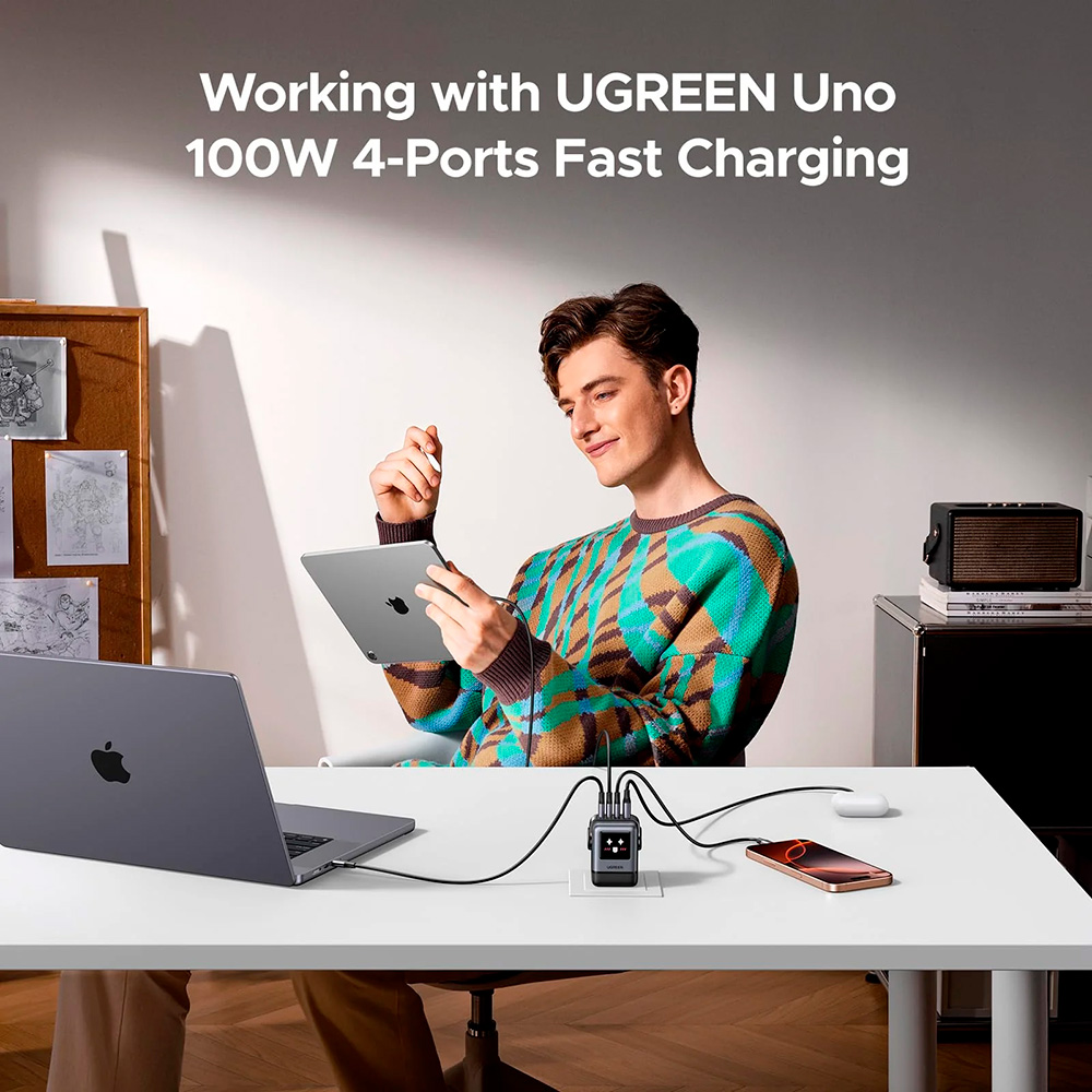 Зарядное устройство UGREEN X688 Uno 100W 1xUSB-A, 3xUSB-C Robot GaN Fast Charger Gray (45515B)