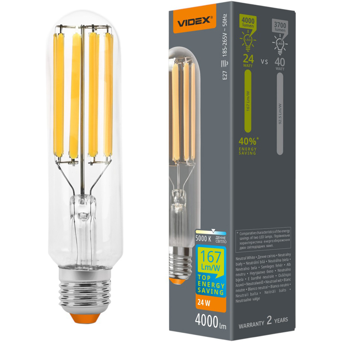 Лампочка LED VIDEX Filament T38 E27 9W 5000K 220V (VL-T38F-24275)