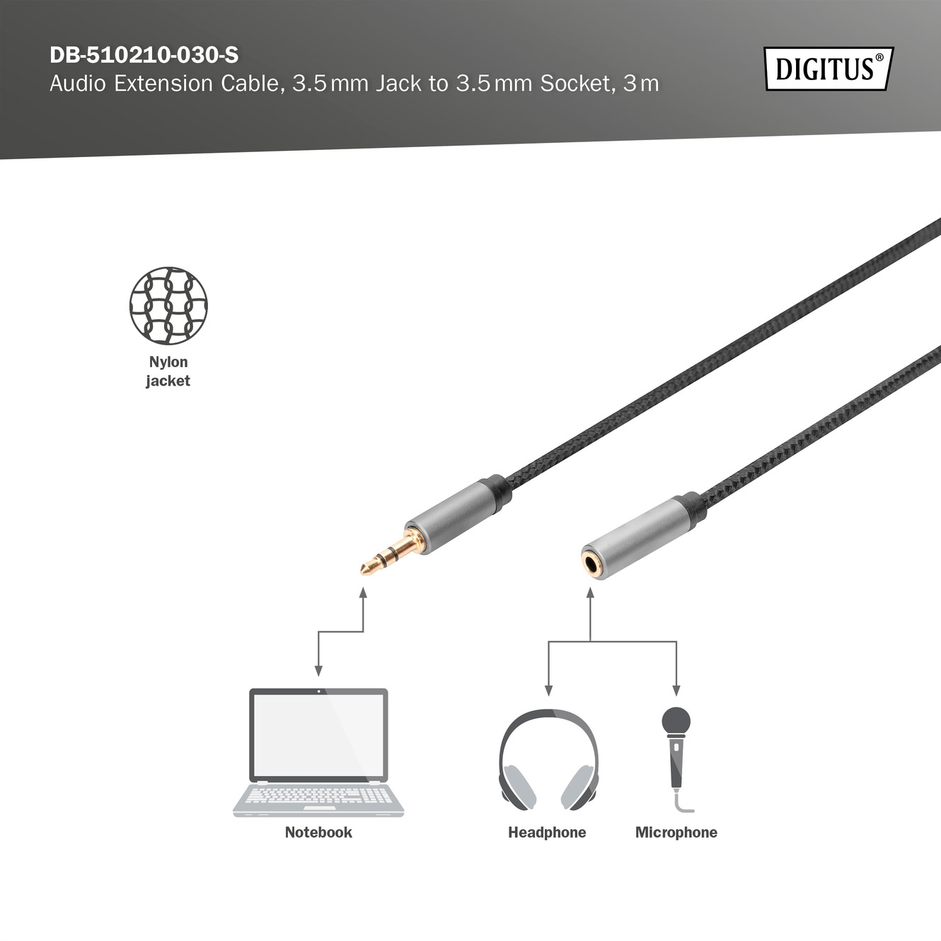 Кабель DIGITUS Audio Extension Cable mini-jack 3.5mm 3м Black (DB-510210-030-S)