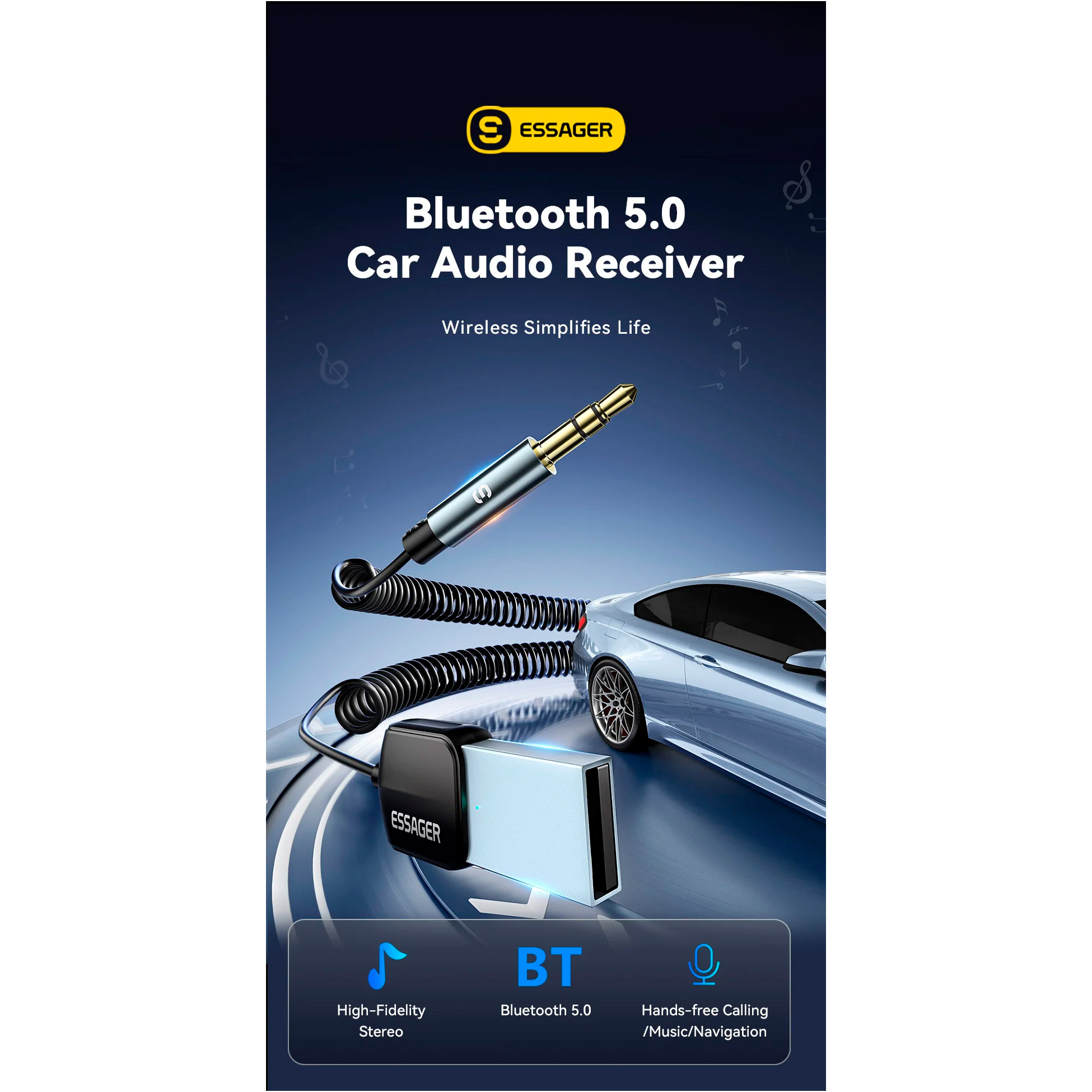 Bluetooth аудіо адаптер ESSAGER Lingfeng Aux BT5.0 Gray (EBT-LF01-P)