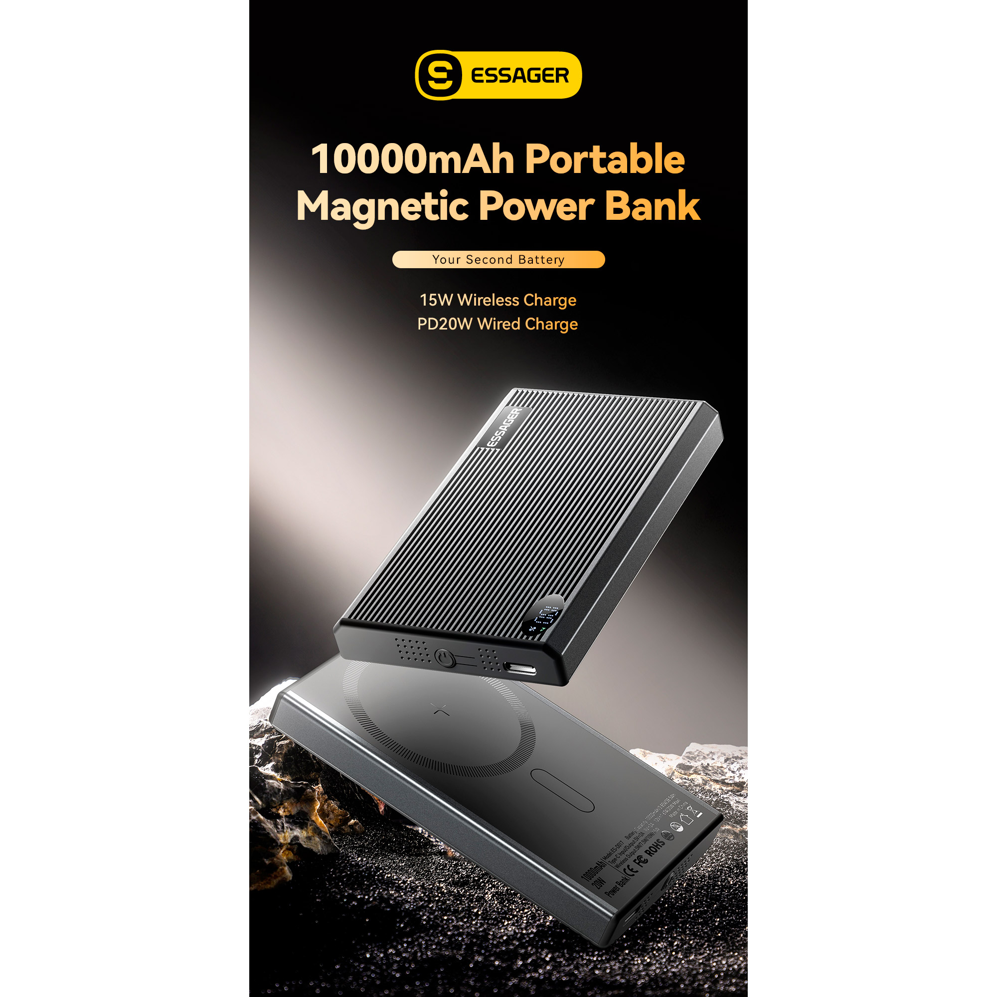 Повербанк MagSafe ESSAGER Shining Magnetic Wireless 1xUSB-C PD3.0, QC3.0 20W 10000mAh Gray