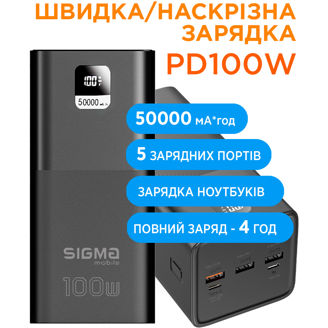 Повербанк SIGMA SI50A6QLX 100W 50000mAh Black