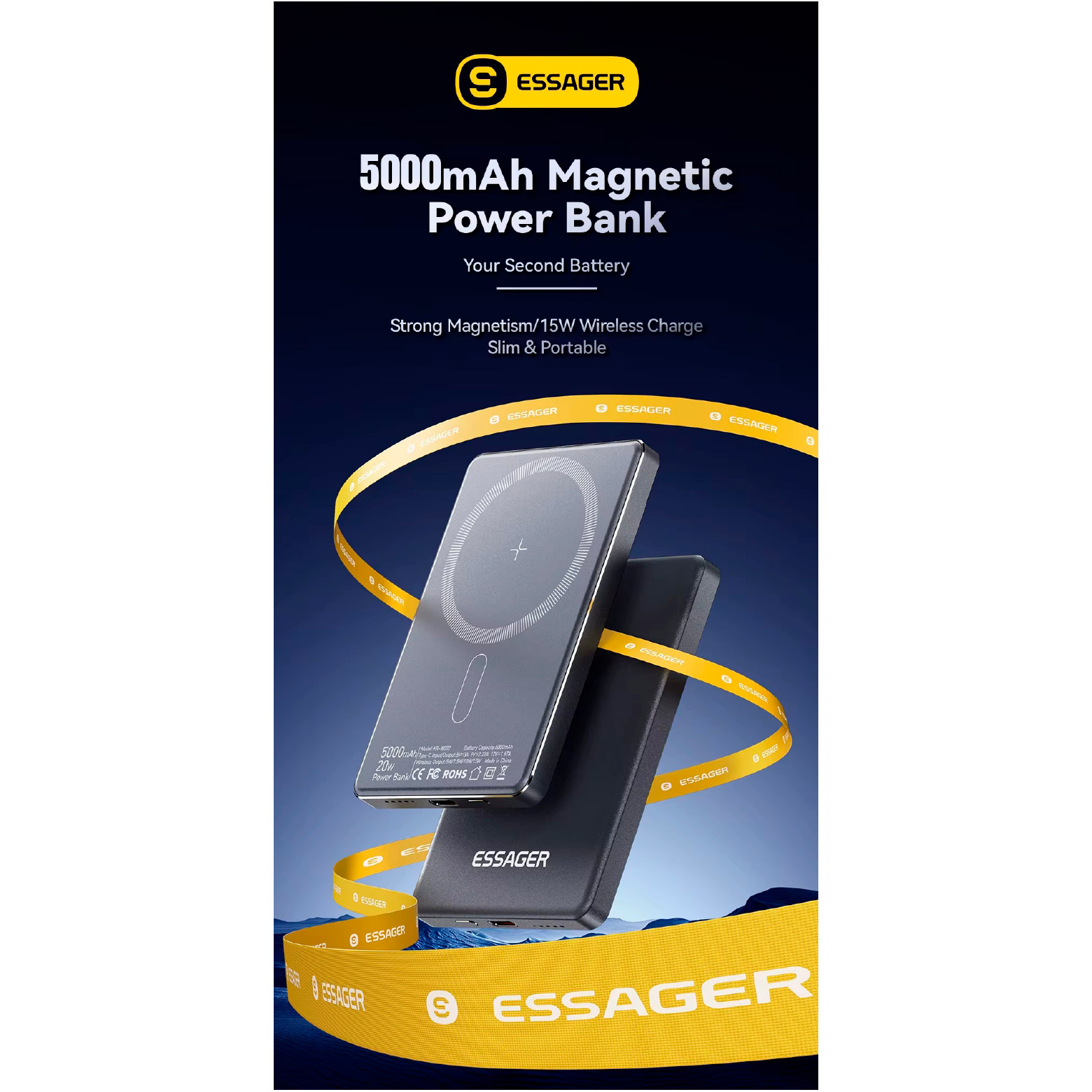 Повербанк MagSafe ESSAGER Cross-Border Magnetic Wireless 1xUSB-C PD3.0,QC3.0 20W 5000mAh Space Gray