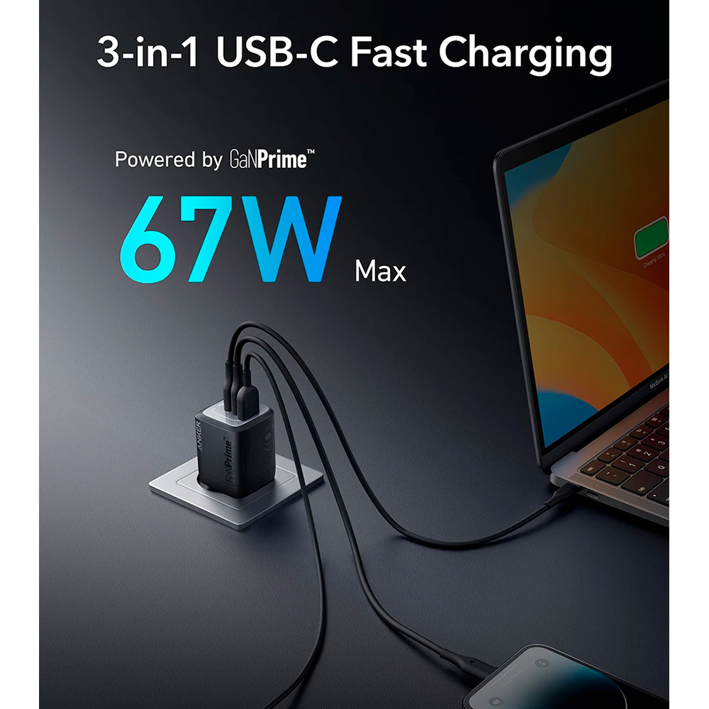 Зарядний пристрій ANKER GaNPrime Charger 67W 1xUSB-A, 2xUSB-C Black (A2669313)