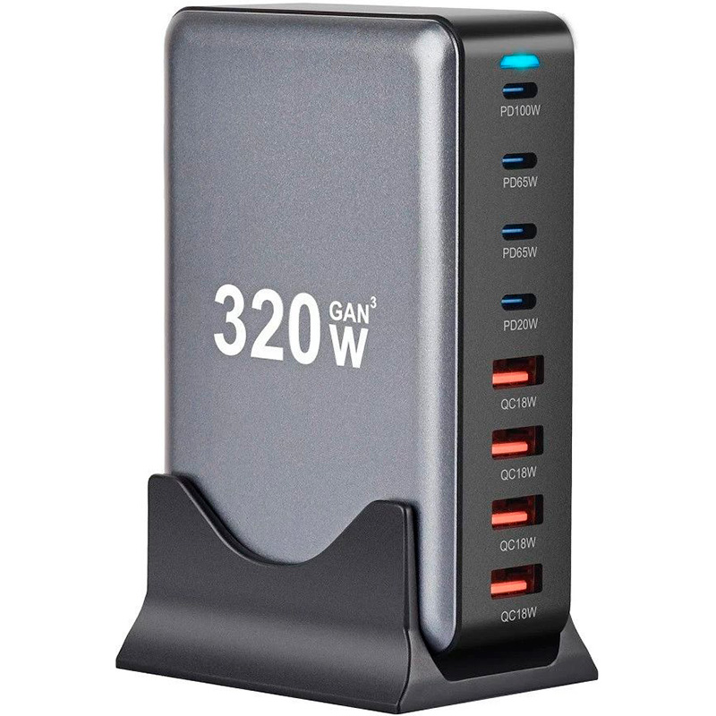 Зарядний пристрій ESSAGER Engine 320W 4xUSB-A, 4xUSB-C GaN Table Charger Black (EZC320W-QJB0G-Z)