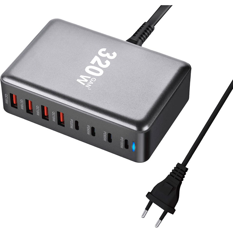 Зарядний пристрій ESSAGER Engine 320W 4xUSB-A, 4xUSB-C GaN Table Charger Black (EZC320W-QJB0G-Z)