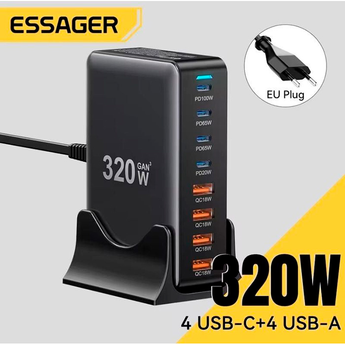 Зарядний пристрій ESSAGER Engine 320W 4xUSB-A, 4xUSB-C GaN Table Charger Black (EZC320W-QJB0G-Z)