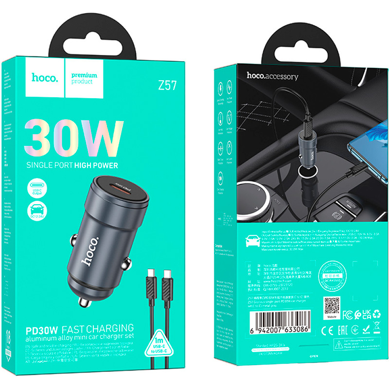 Автомобільний зарядний пристрій HOCO Z57 Glorious 1xUSB-C, PD30W Metal Gray w/Type-C cable (6942007633086)