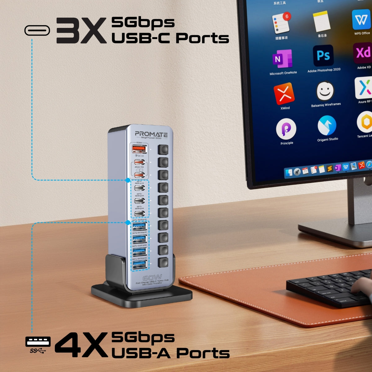 USB-хаб із вимикачами PROMATE GegaTower-60W 14-in-1 Fast Charge Multi-port USB-C Tower Hub with 5Gbps Data Transfer