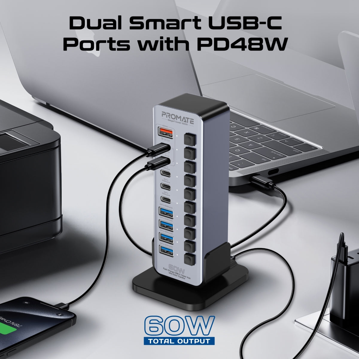 USB-хаб із вимикачами PROMATE GegaTower-60W 14-in-1 Fast Charge Multi-port USB-C Tower Hub with 5Gbps Data Transfer