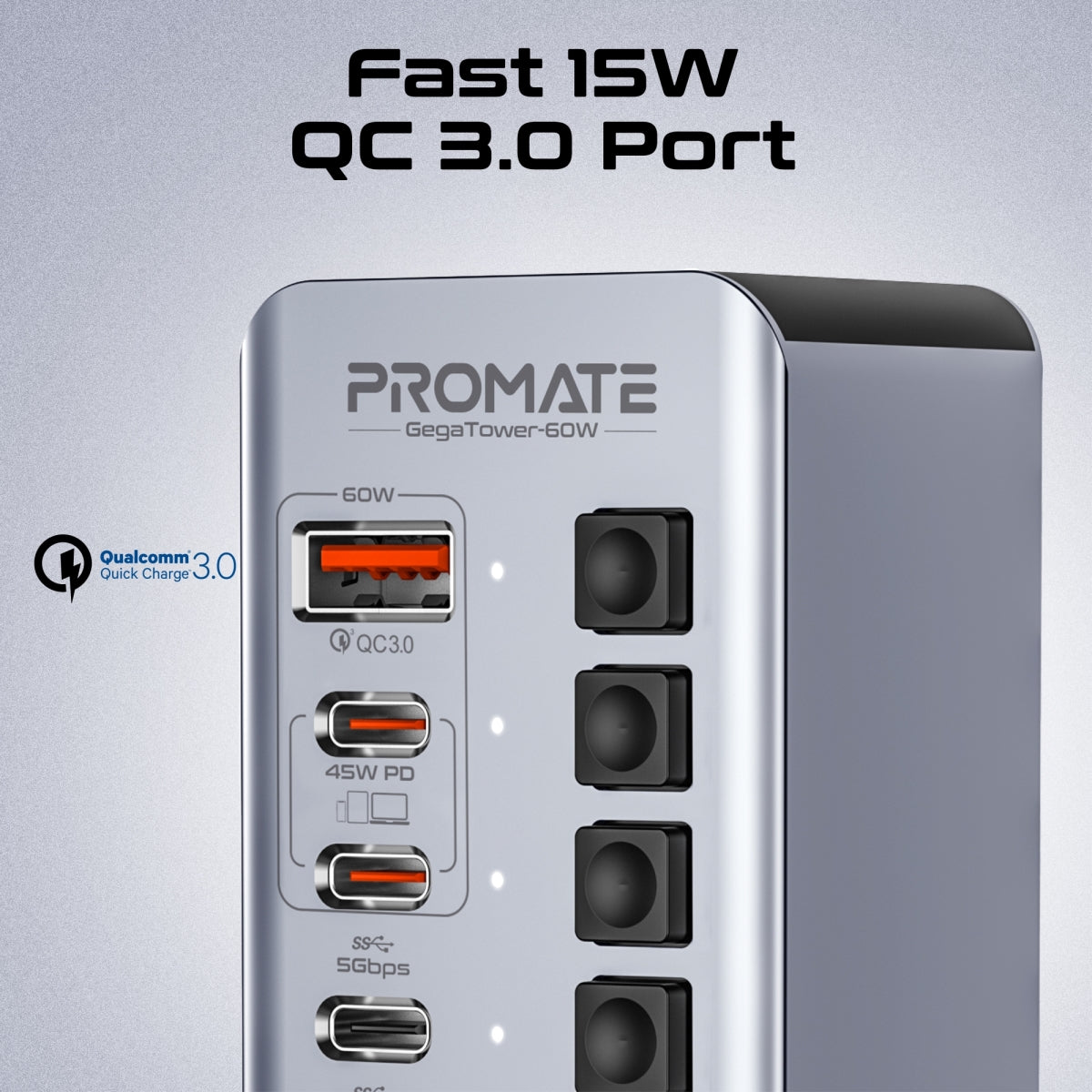 USB-хаб із вимикачами PROMATE GegaTower-60W 14-in-1 Fast Charge Multi-port USB-C Tower Hub with 5Gbps Data Transfer