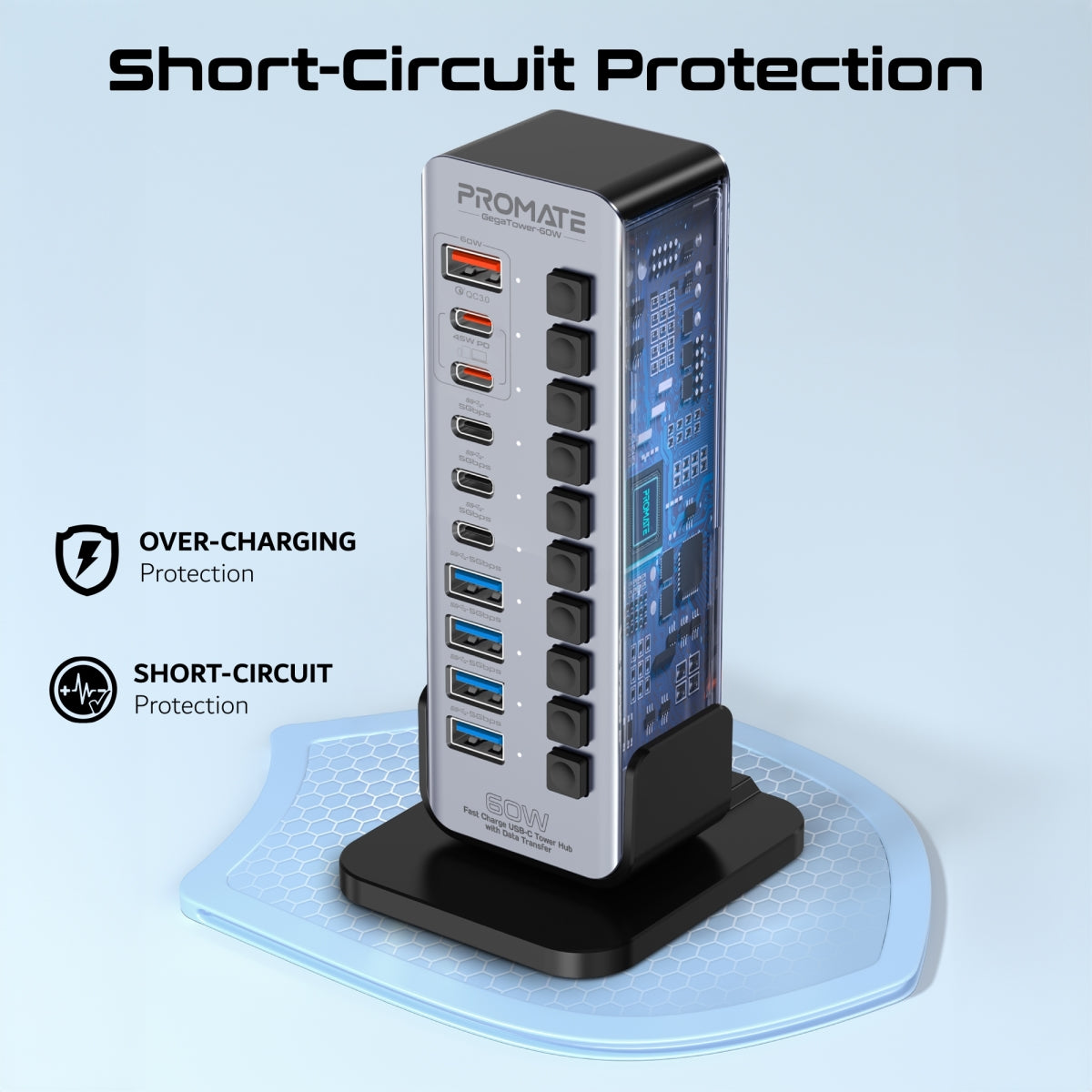 USB-хаб із вимикачами PROMATE GegaTower-60W 14-in-1 Fast Charge Multi-port USB-C Tower Hub with 5Gbps Data Transfer