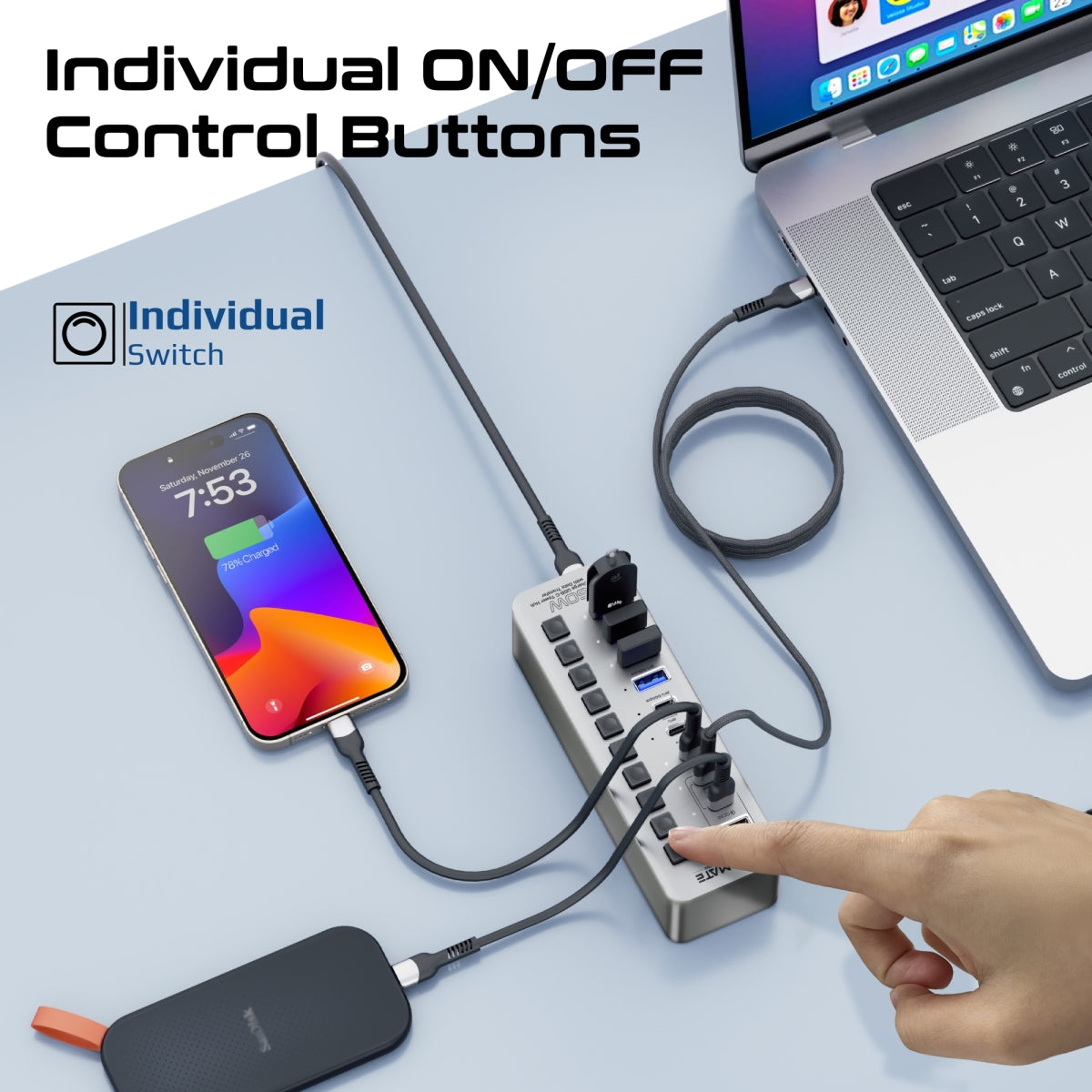 USB-хаб із вимикачами PROMATE GegaTower-60W 14-in-1 Fast Charge Multi-port USB-C Tower Hub with 5Gbps Data Transfer