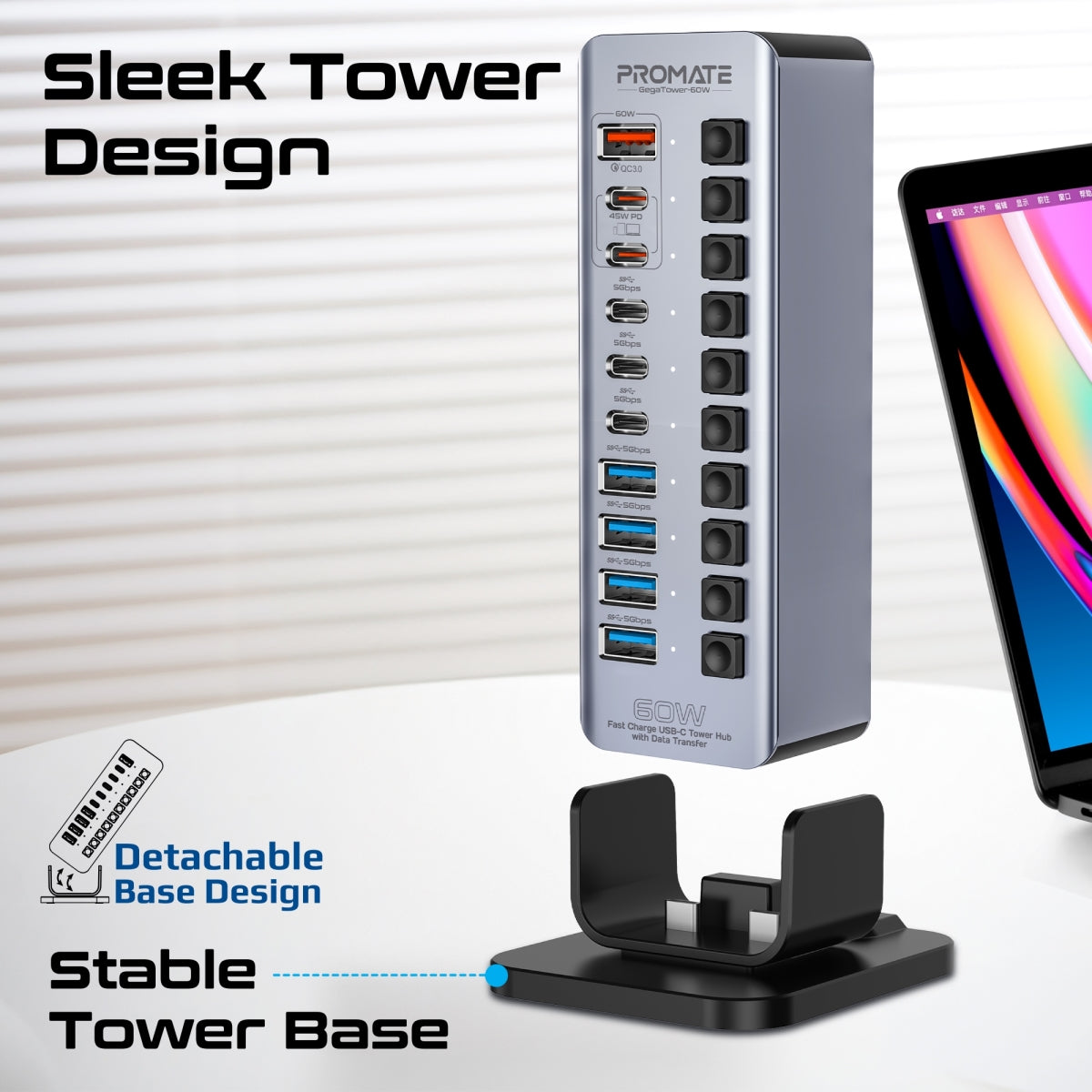 USB-хаб із вимикачами PROMATE GegaTower-60W 14-in-1 Fast Charge Multi-port USB-C Tower Hub with 5Gbps Data Transfer