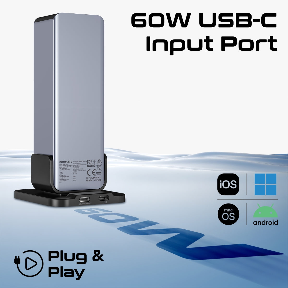 USB-хаб із вимикачами PROMATE GegaTower-60W 14-in-1 Fast Charge Multi-port USB-C Tower Hub with 5Gbps Data Transfer