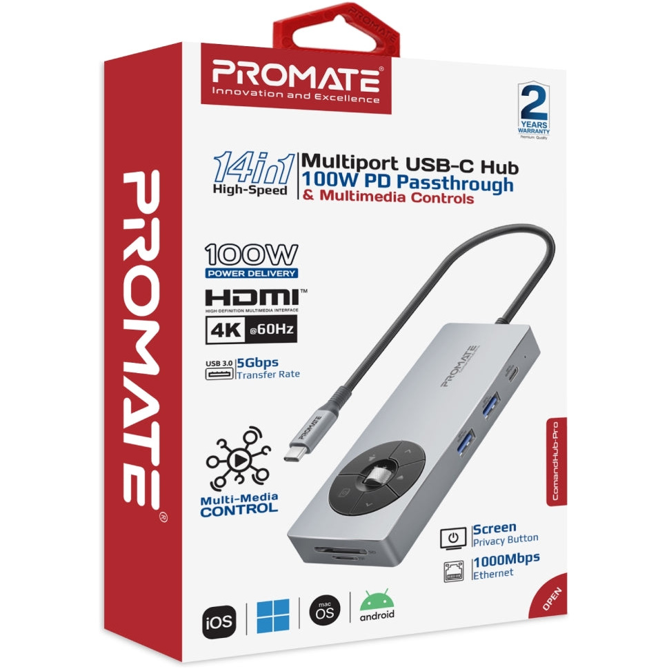 Порт-репликатор PROMATE ComandHub-Pro 14-in-1 Highspeed Multiport USB-C Hub with 100W PD Passthrough & Multimedia Controls