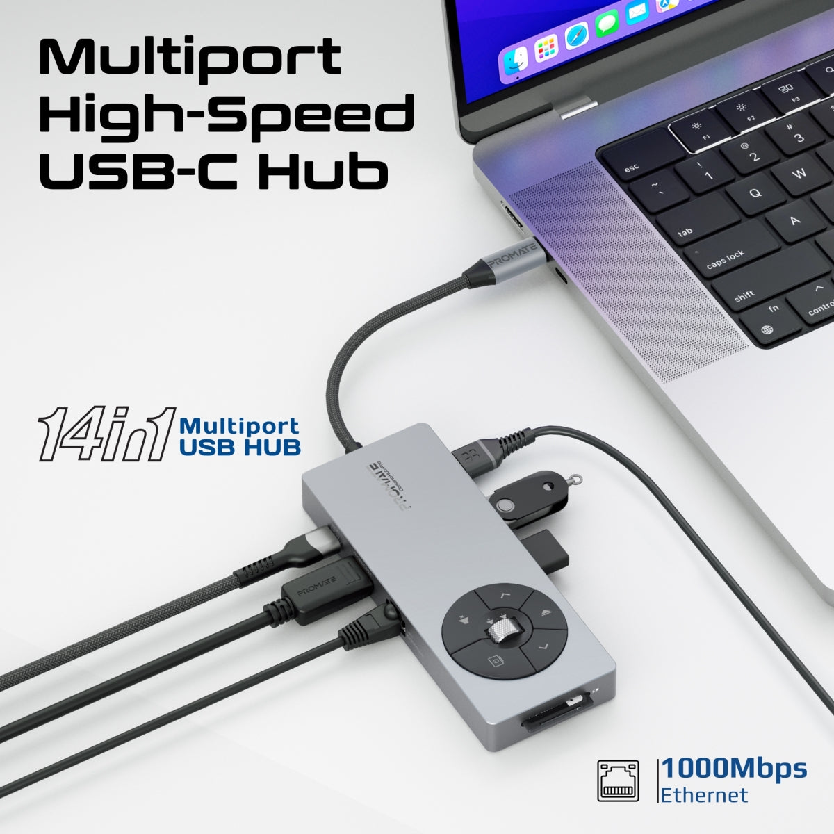 Порт-репликатор PROMATE ComandHub-Pro 14-in-1 Highspeed Multiport USB-C Hub with 100W PD Passthrough & Multimedia Controls