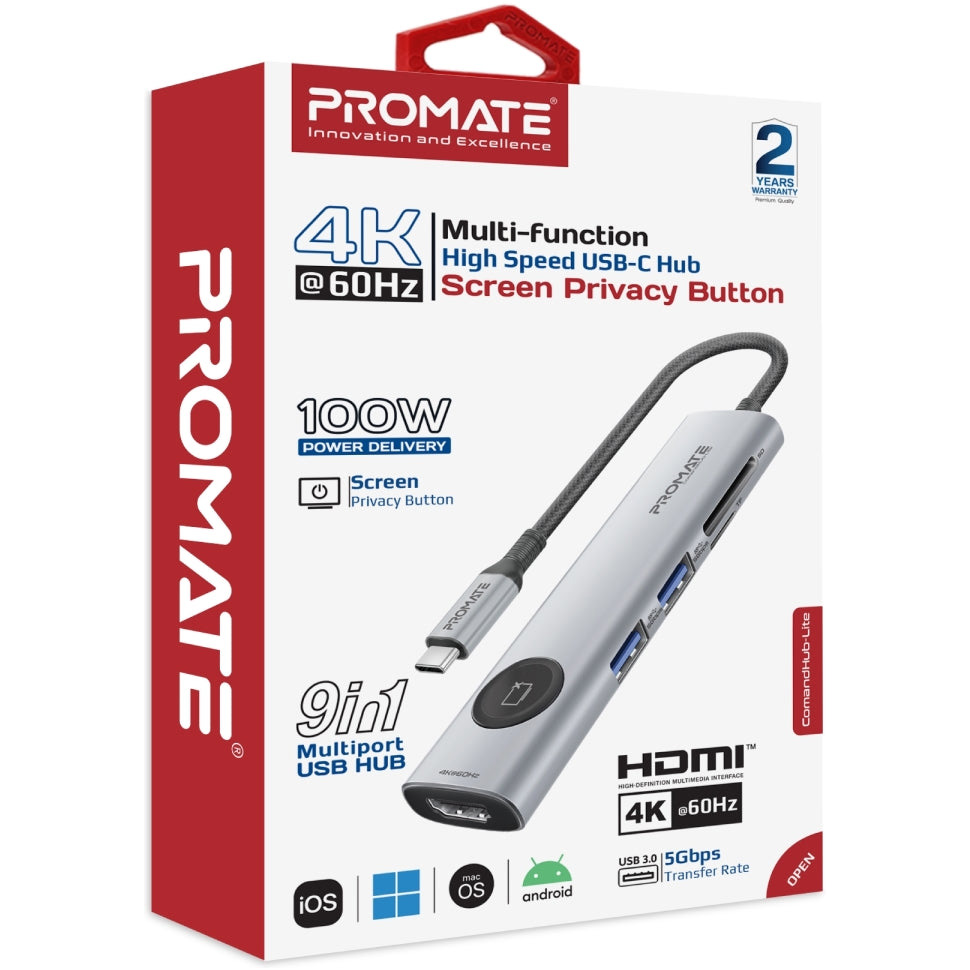 Порт-реплікатор PROMATE ComandHub-Lite 9-in-1 4K@60Hz Multi-Function High Speed USB-C Hub with Screen Privacy Button