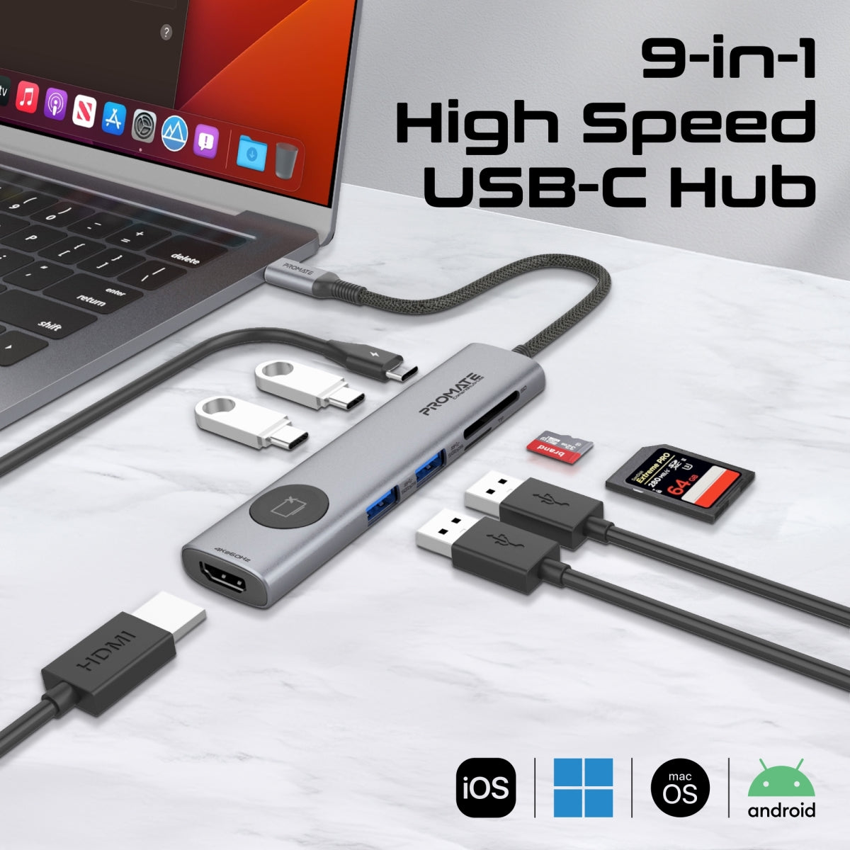 Порт-реплікатор PROMATE ComandHub-Lite 9-in-1 4K@60Hz Multi-Function High Speed USB-C Hub with Screen Privacy Button