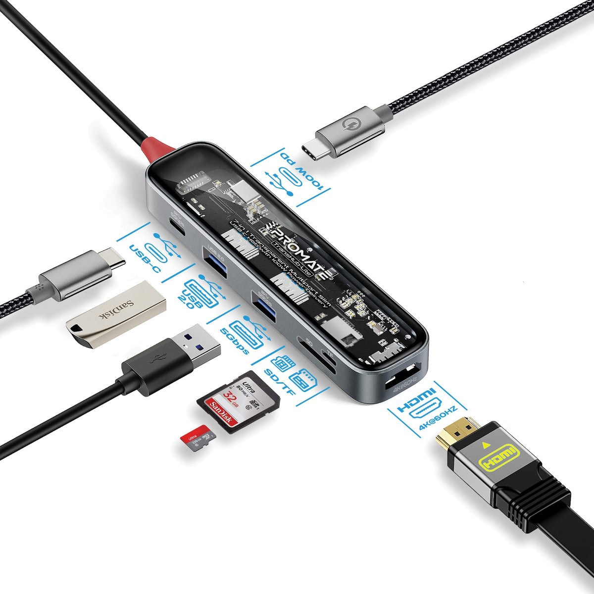 Порт-реплікатор PROMATE TransHub-Lite 7-in-1 Transparent Multiport Slim USB-C Hub with 100W Power Delivery
