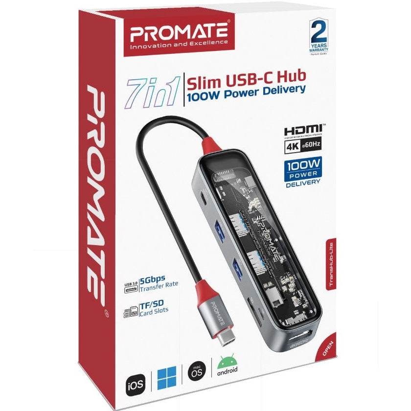 Порт-реплікатор PROMATE TransHub-Lite 7-in-1 Transparent Multiport Slim USB-C Hub with 100W Power Delivery