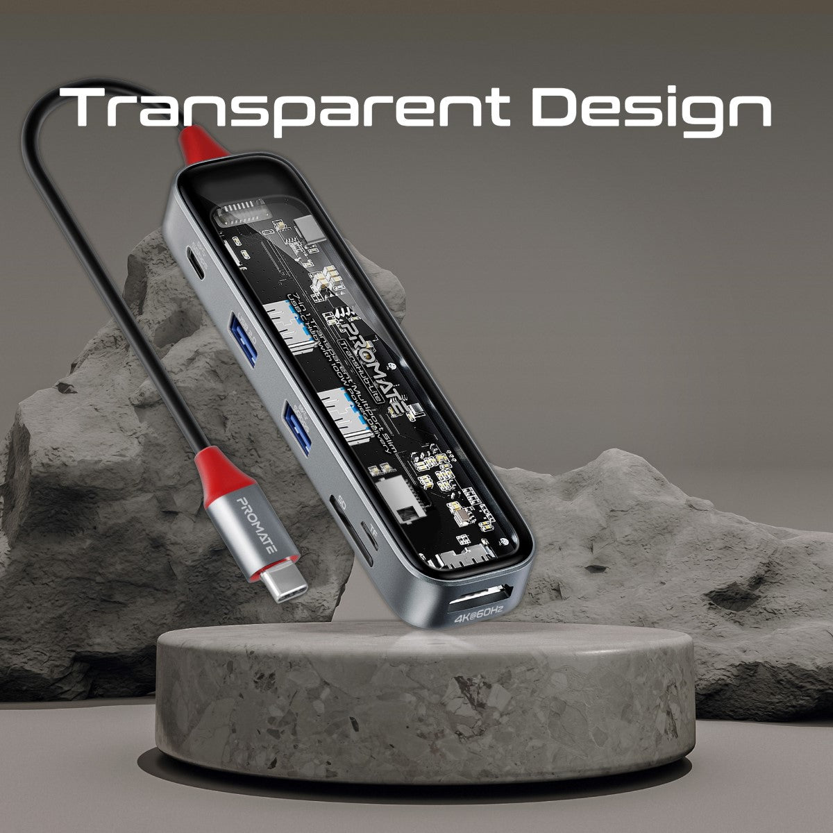 Порт-реплікатор PROMATE TransHub-Lite 7-in-1 Transparent Multiport Slim USB-C Hub with 100W Power Delivery