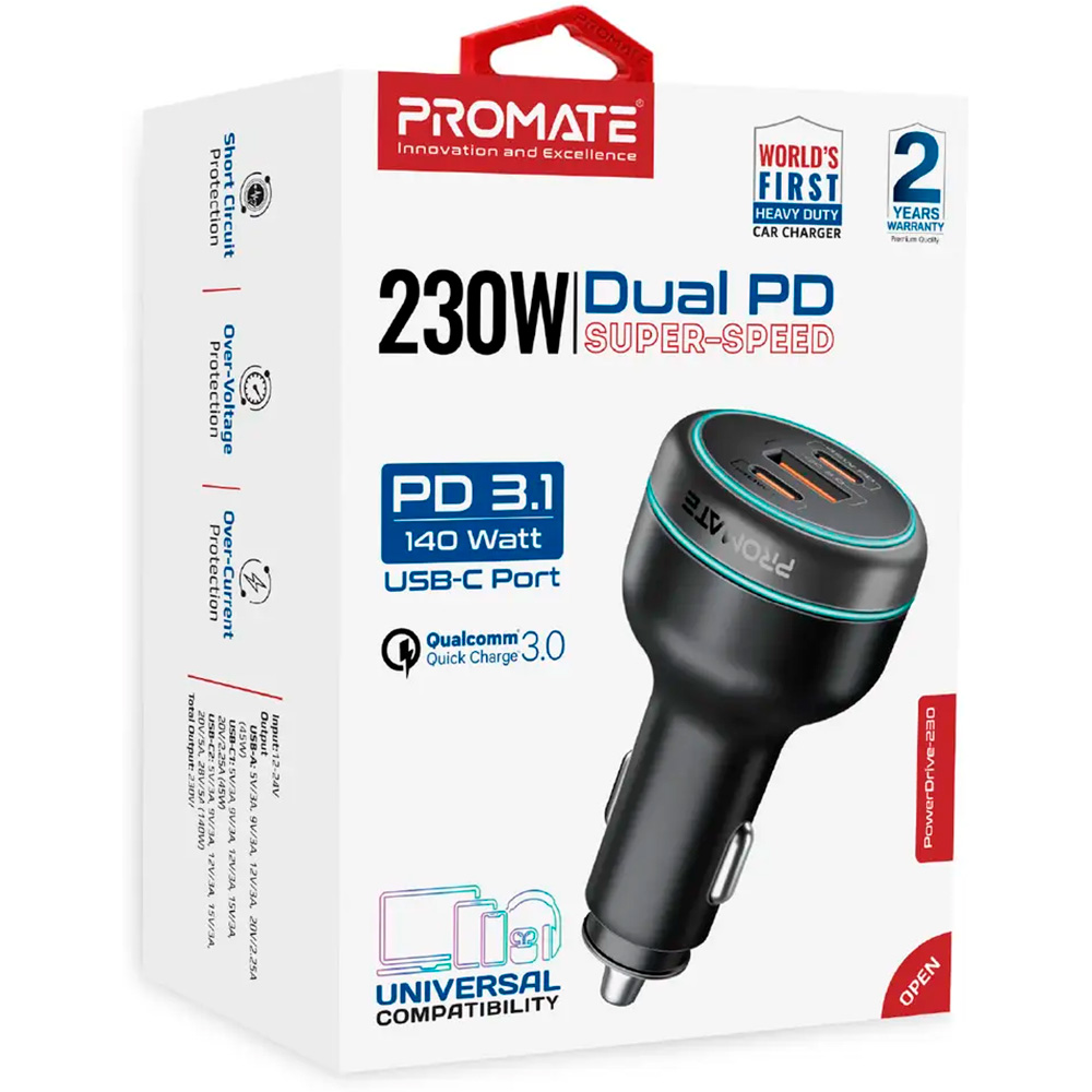 Автомобільний зарядний пристрій PROMATE PowerDrive-230 1xUSB-A, 2xUSB-C, 230W Car Charger Black