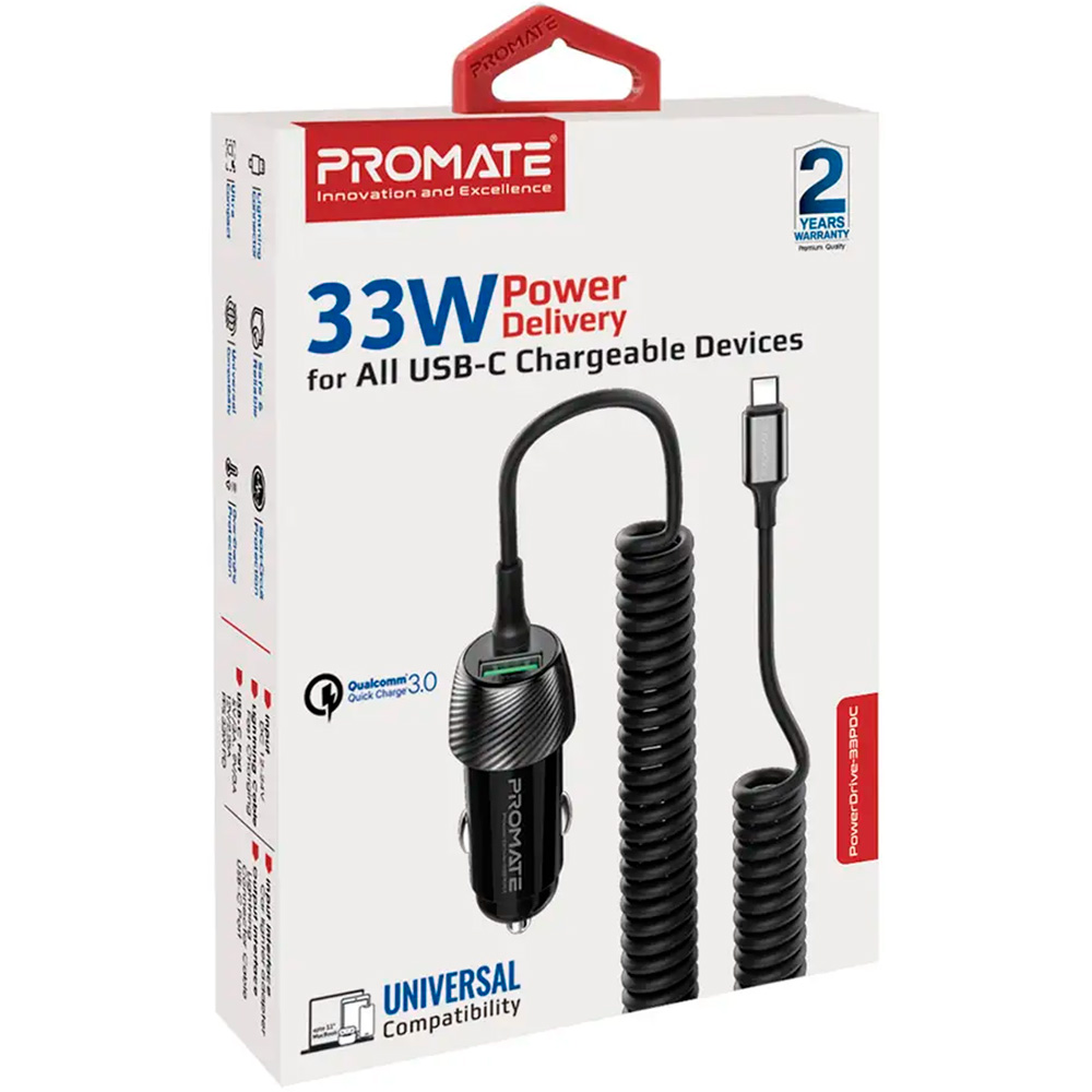 Автомобильное зарядное устройство PROMATE PowerDrive-33PDC 1xUSB-A, 33W Car Charger Black w/USB-C cable