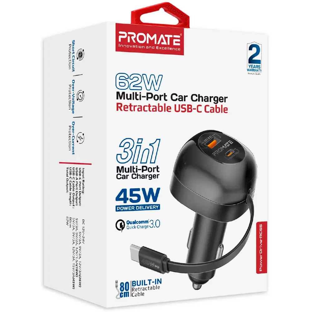 Автомобільний зарядний пристрій PROMATE PowerDrive-RC65 1xUSB-A, 1xUSB-C, 62W Car Charger Black w/USB-C cable