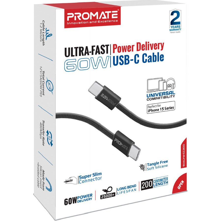 Кабель PROMATE EcoLine-CC200 USB-C to USB-C PD 60W 2м Black