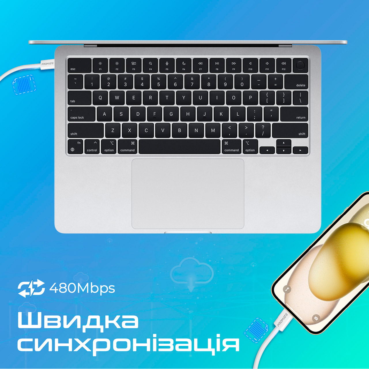 Кабель PROMATE EcoLine-CC200 USB-C to USB-C PD 60W 2м White