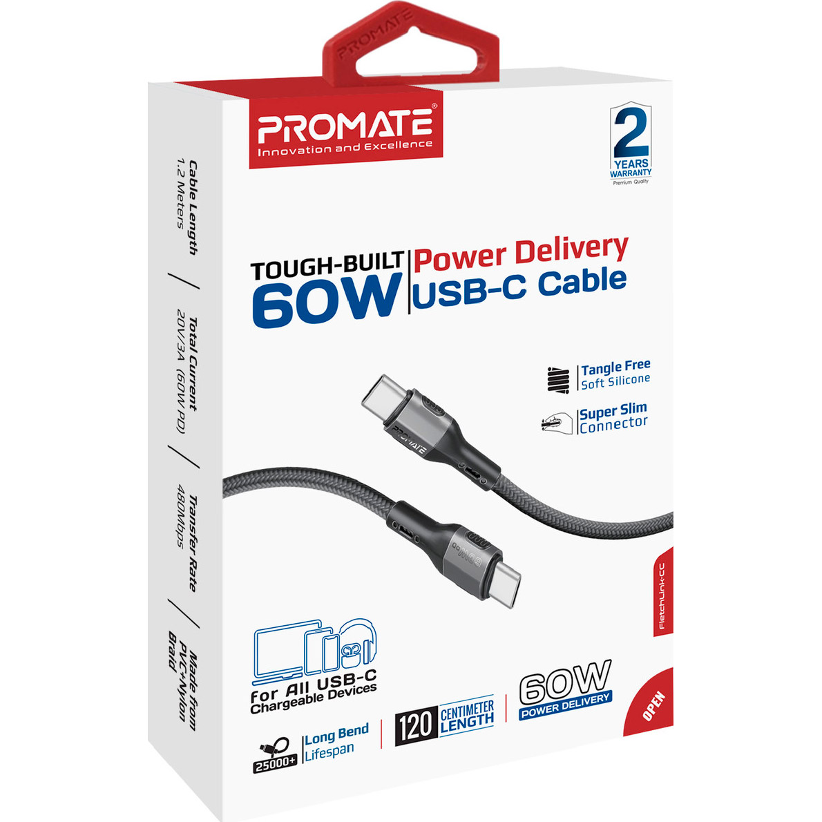 Кабель PROMATE FletchLink-CC USB-C to USB-C PD 60W 1.2м Black