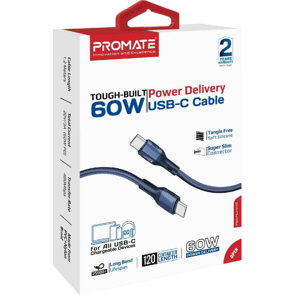 Кабель PROMATE FletchLink-CC USB-C to USB-C PD 60W 1.2м Blue