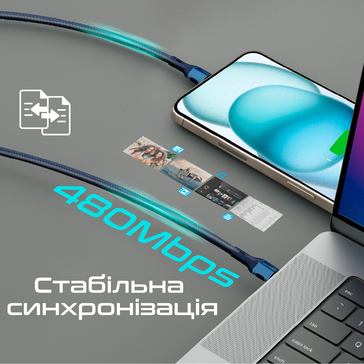 Кабель PROMATE FletchLink-CC USB-C to USB-C PD 60W 1.2м Blue