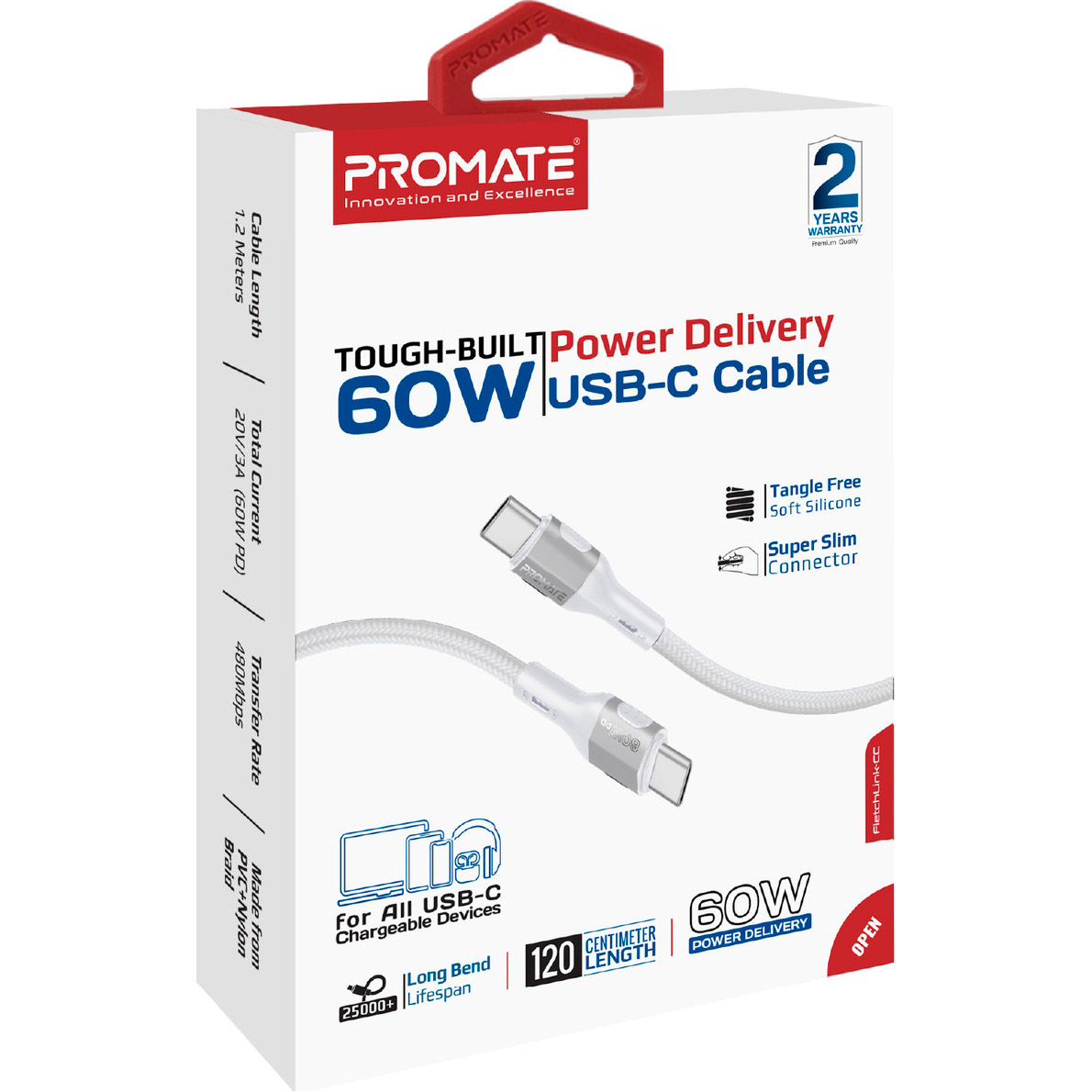 Кабель PROMATE FletchLink-CC USB-C to USB-C PD 60W 1.2м Gray