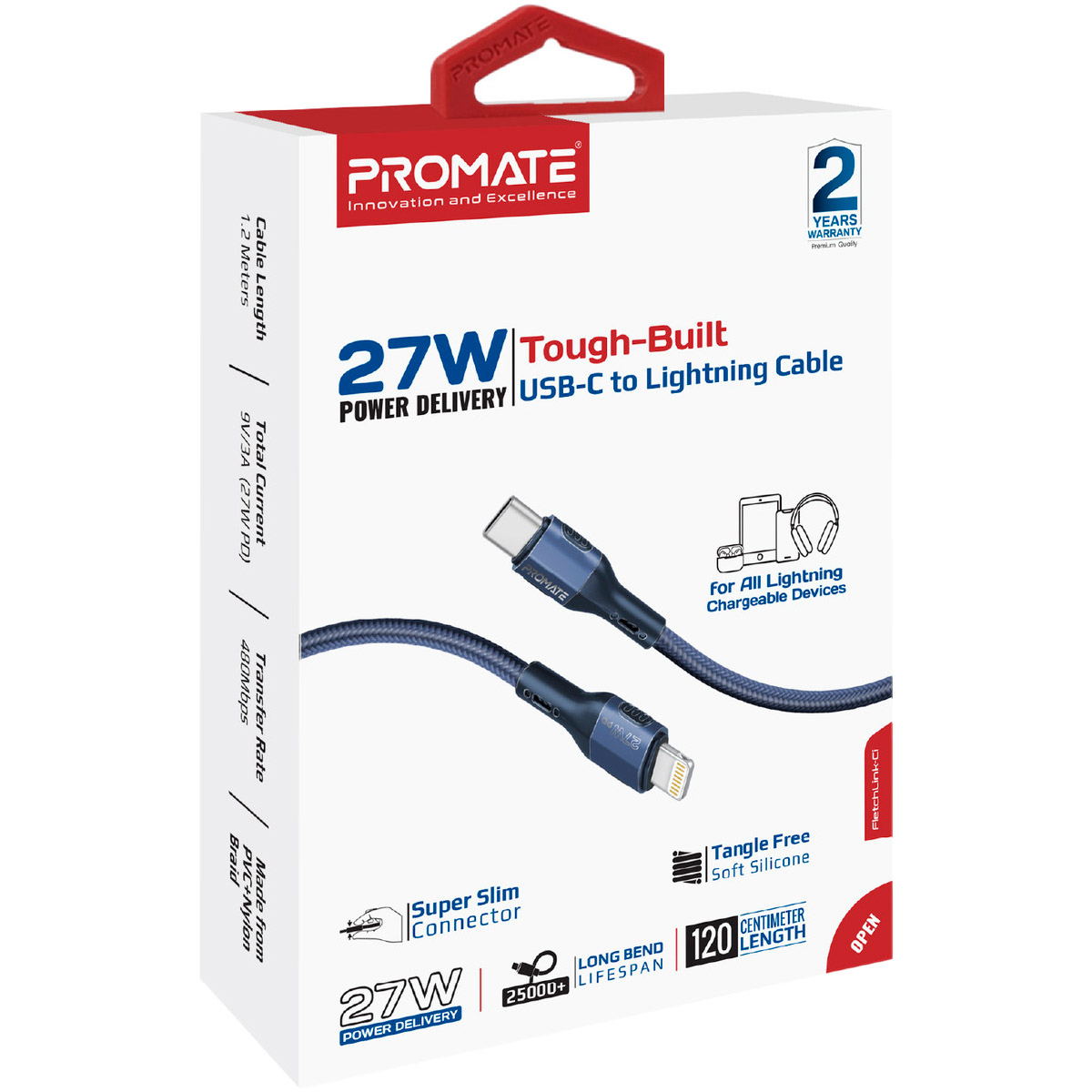 Кабель PROMATE FletchLink-Ci USB-C to Lightning PD 27W 1.2м Blue