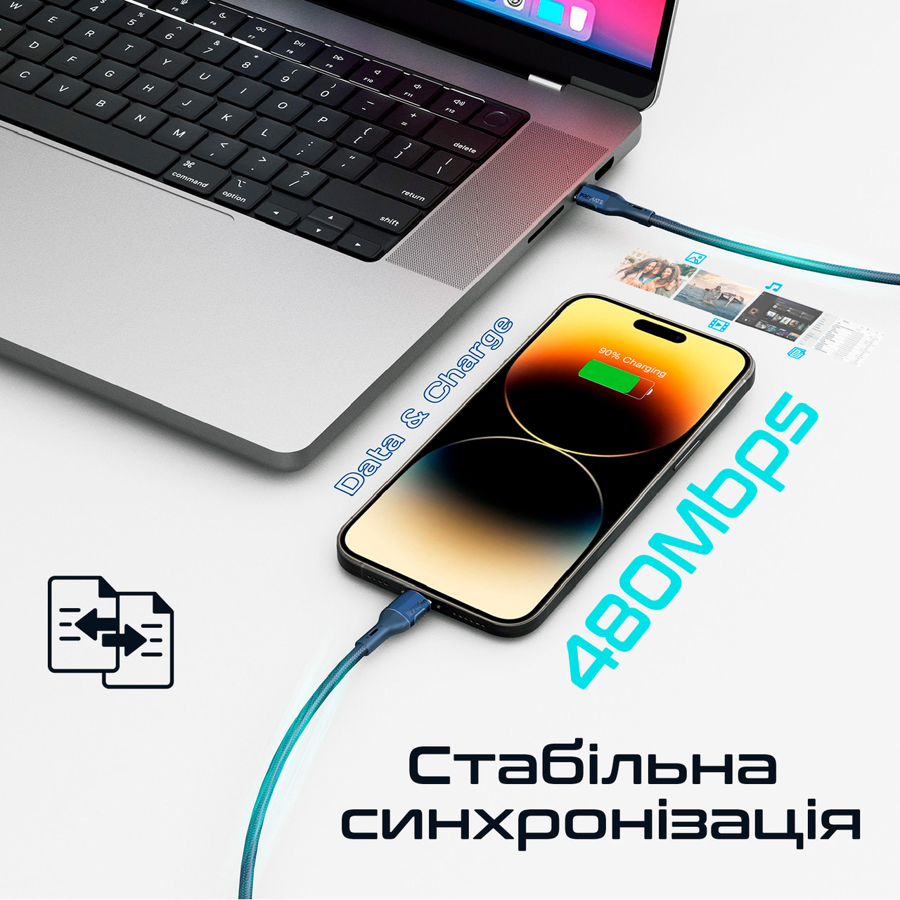 Кабель PROMATE FletchLink-Ci USB-C to Lightning PD 27W 1.2м Blue