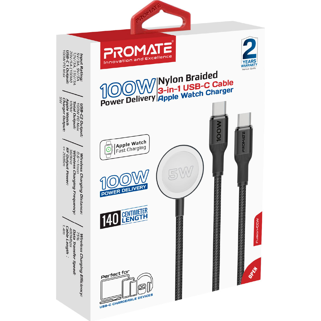 Кабель PROMATE Fusion-CCW USB-C to Dual USB-C/Apple Watch Charger 1.4м Black