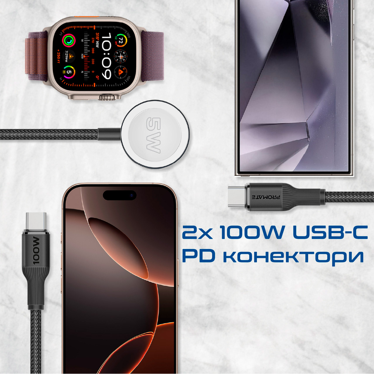 Кабель PROMATE Fusion-CCW USB-C to Dual USB-C/Apple Watch Charger 1.4м Black